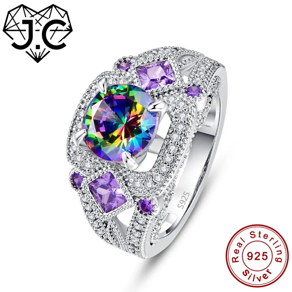 J.C Round Cut Mystic Rainbow &amp White Topaz Amethyst 925 Sterling Silver Ring Size 6 7 8 9 Women Fine Dazzling Jewelry Gift | Украшения и