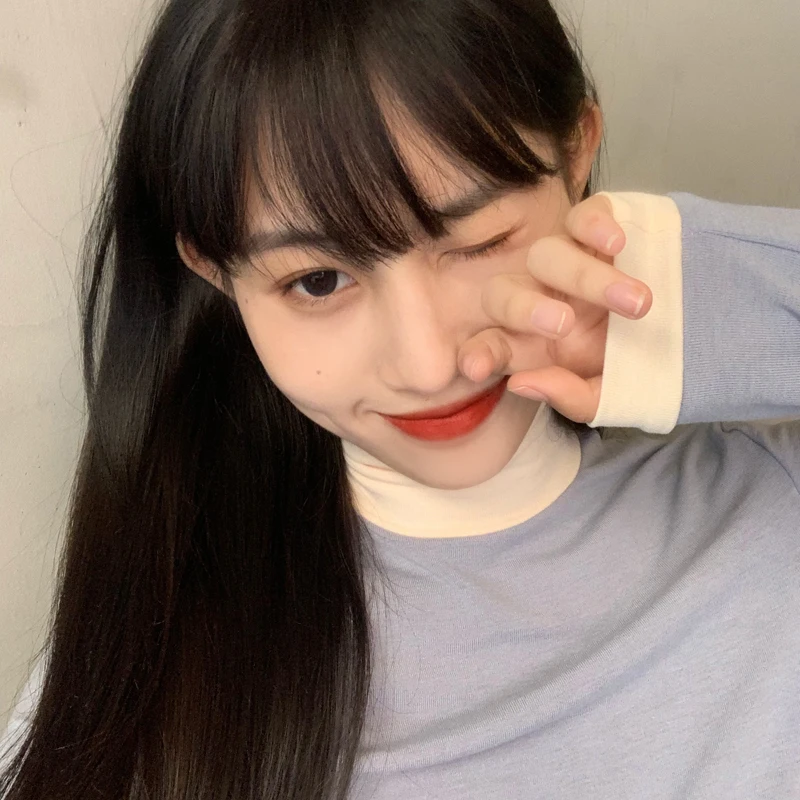 

Female Korean Harajuku Casual Retro Contrast High Collar T-shirt Women's T-shirts Tops Japanese Kawaii Ulzzang Clothes for Women