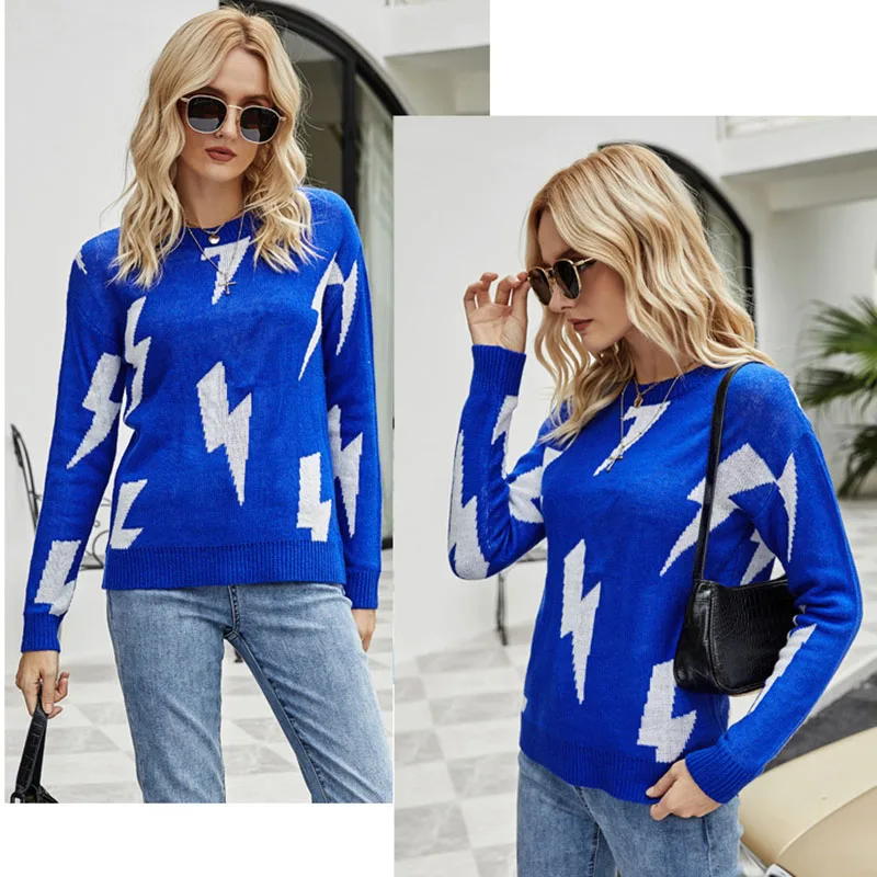 

Autumn and Winter Women's Round Neck Pullover Sweater European and American Women's Lightning Pattern Long-sleeved Sweater