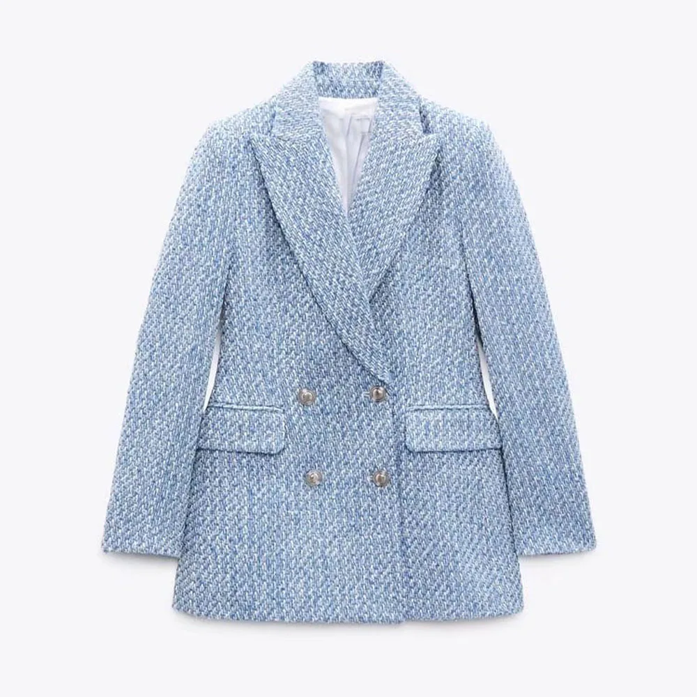 

Женский двубортный твидовый пиджак, винтажный пиджак с длинным рукавом и карманами, верхняя одежда, осень 2021