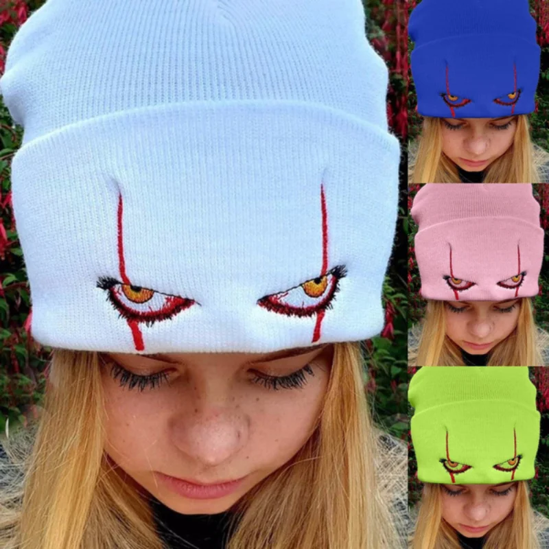 

Winter Knitted Hat Unisex Warm Beanie Scary Clown Eyes Men Embroidery Knit Hat Women Cycling Skiing Cap