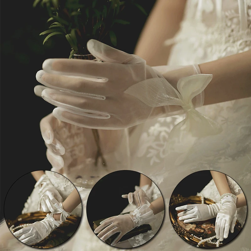 

1Pair Gloves Full Fingers White Champagne Black Long Lace Bowknot Elegant Gorgeous Bridal Gloves Wedding Accessories