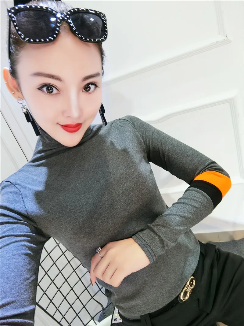 Winter Long Sleeve Turtleneck Cotton T-shirts Women Bodycone Strechy Cotton Pullovers Lady High Collar Cotton T-shirts Tops