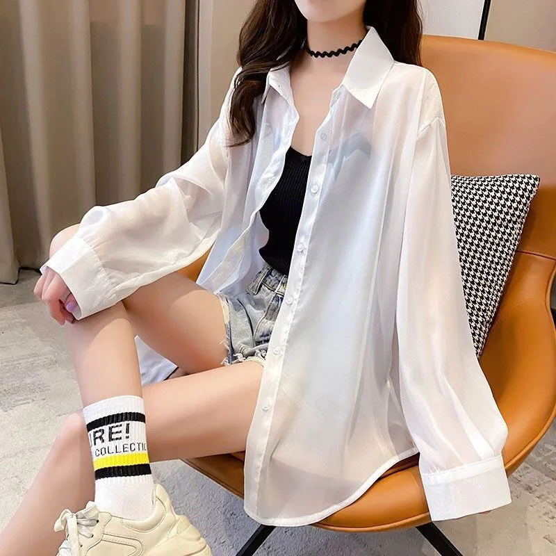 

New Hlaf See Through Sunscreen Shirt Women Plus Size Solid Chiffon Blouses Long Sleeve Korean Loose Button T-shirts White Coats