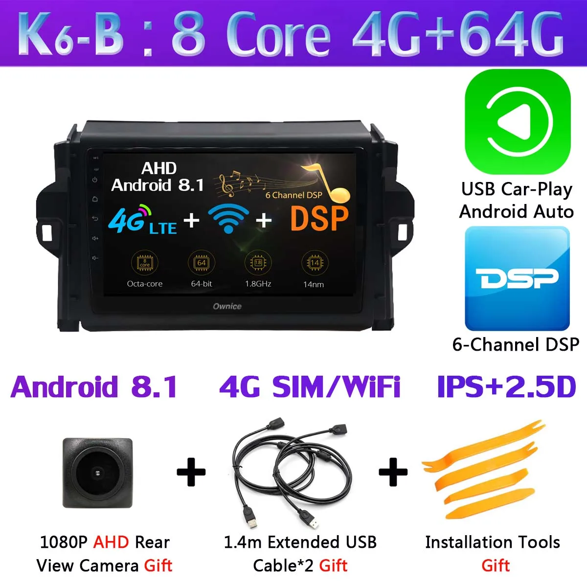K6-B-CarPlay Панорамная камера на 360 ° Android 9,0 4G+ 64G SPDIF DSP CarPlay Автомобильный плеер для Toyota Fortuner gps радио головное устройство - Цвет: K6-B-CarPlay