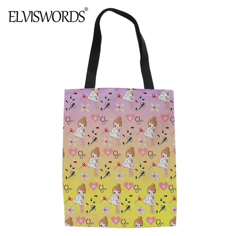 

ELVISWORDS Gradient Color Women Linen Shopping Tote Cartoon Dentist Pattern Nursing Design Female Foldable Shoulde Handbag