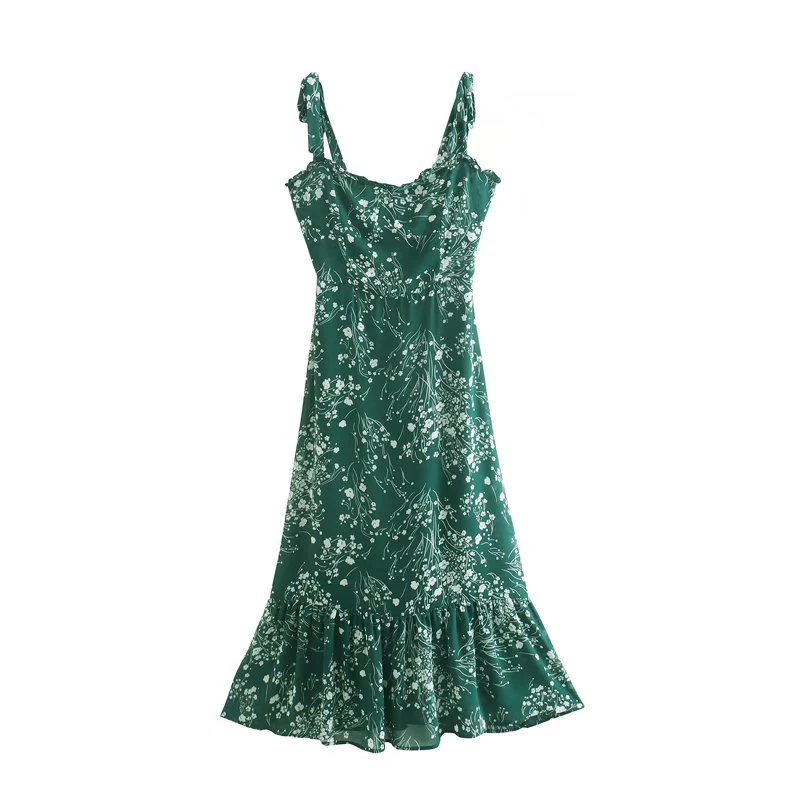 

Sexy Sling Dress 2022 Women Green Floral Print Summer Chiffon Dress Ladies Prairie Chic Vestido Holiday Robe