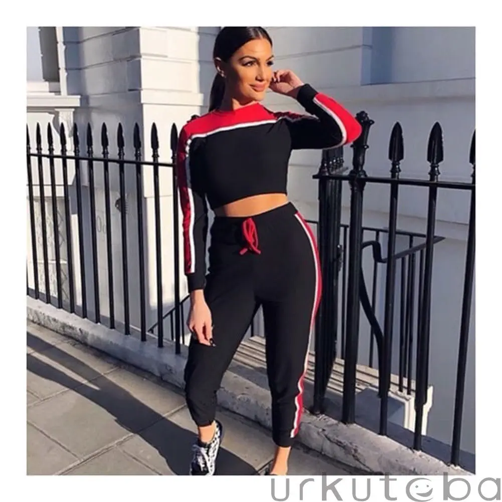 

Casual Women 's Tracksuit Tights Sportswear Fitness Suit For Female Clothing Workout Two Piece Jumpsuit Long Sleeve Crop Top