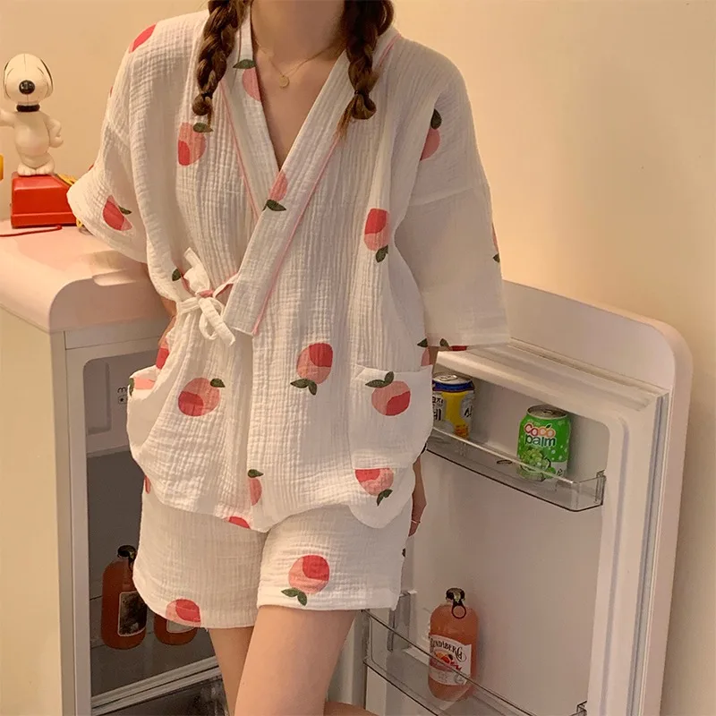 

Harajpee Pajamas Cotton Printing Japanese Kimono Traditional Summer Pajama Sets Women V-neck Causal Short Sleeve Home Suit