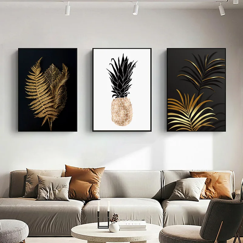 

Abstract Golden Plant Leaves Pineapple Poster Modern Luxury Home Decor Wall Art Canvas Painting Black White Minimalist Pictures