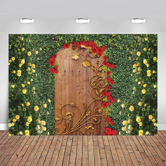 Beauty Flower Garden Door Photo Backdrop Tea Party Birthday Wedding Decoration Green Lawn Leaves Spring Wonderland Background