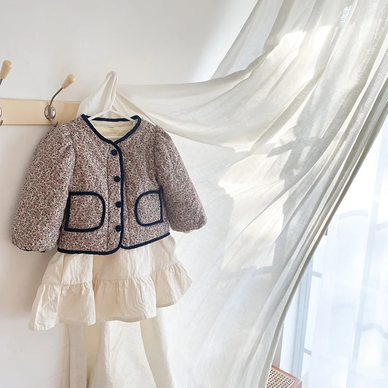 Детское зимнее пальто с хлопковой подкладкой цветочным принтом - купить по