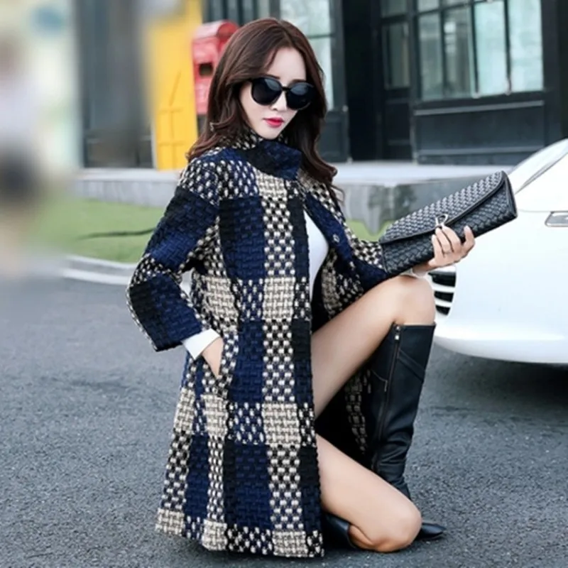 Plus Size M-4XL Plaid Long Wool Coat Womens 2020 New Autumn And Winter Korean Thick Woolen Fashion Slim Fit Jacket Female | Женская
