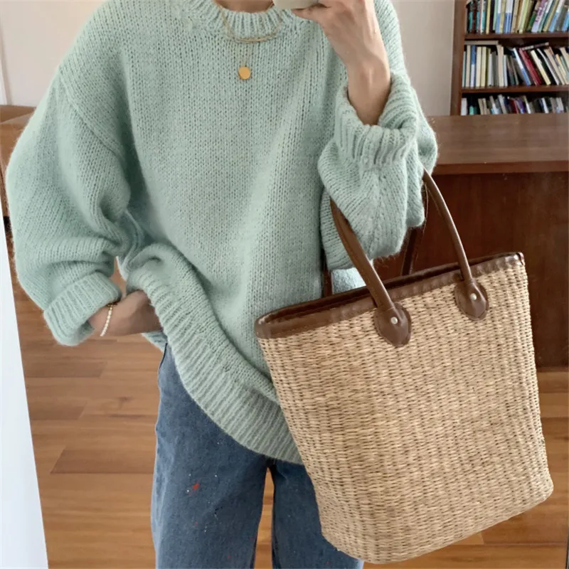 

MyZyQg Women Knitted Pullovers Oversize Solid Sweaters Early Fall Harajuku Knitwear Tops Leisure Streetwear Clothes