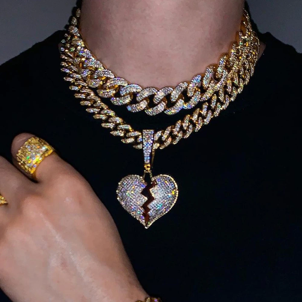 

Hip Hop Rapper Crystal Heartbreak Pendant Necklace for Women Men Iced Out Baguette Choker Cuban Link Chain Neckalce Punk Jewelry