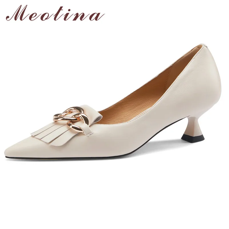 

Meotina Shoes Women Pointed Toe Genuine Leather Mid Heel Pumps Fringe Metal Decoration Fashion Dress Footwear Thin Heels Shoes