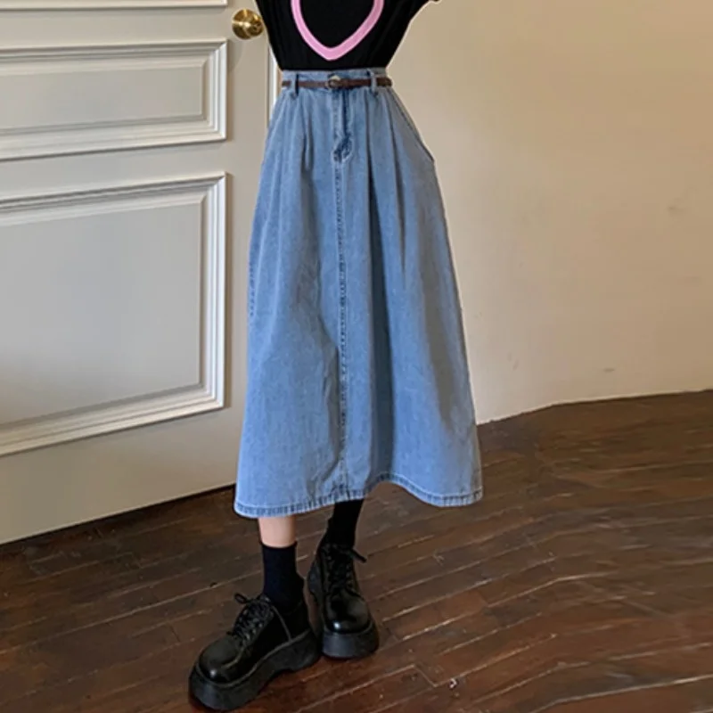 Женская джинсовая юбка средней длины летняя трапециевидная с высокой талией и