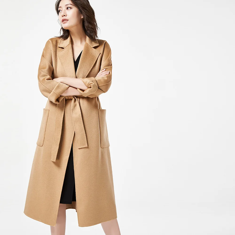 

Classic Hand-sewn Double-layer wool long wrap coat with wide step lapel inset side pockets unlined fastens with a matching belt