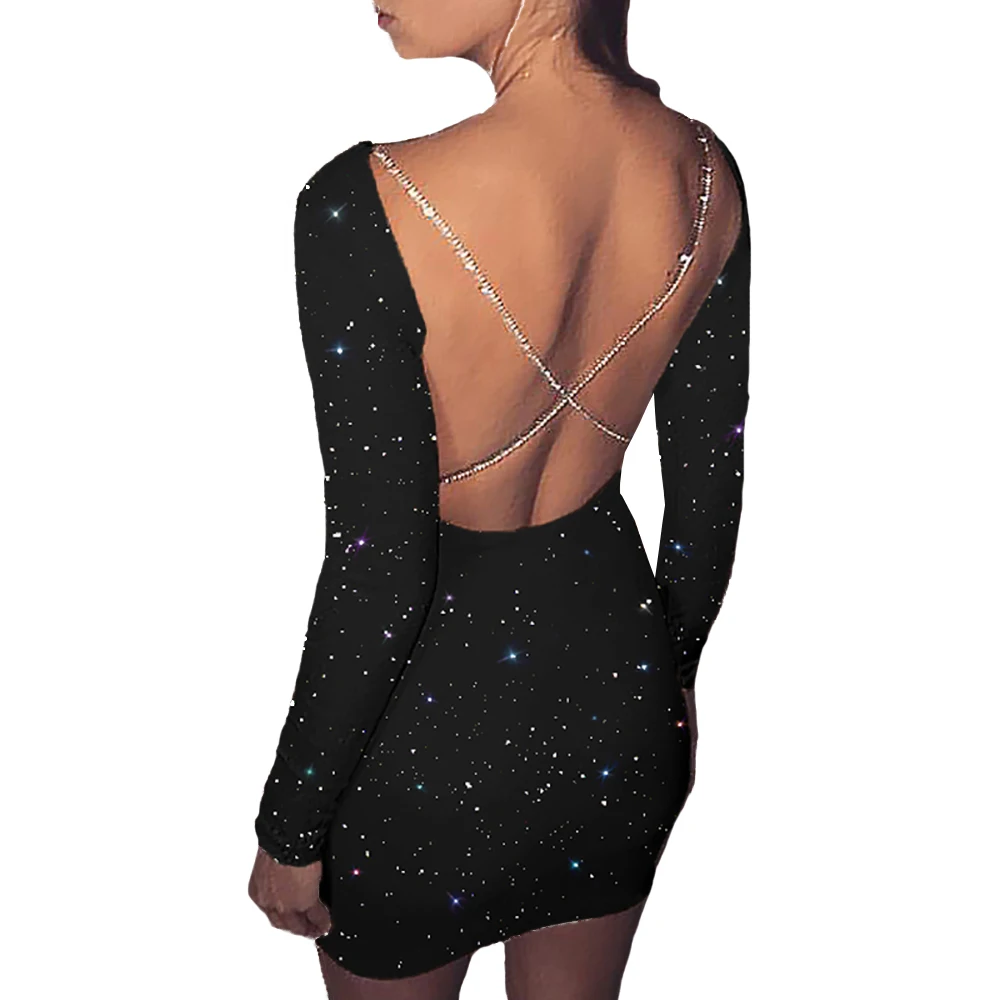 Женское вечернее мини платье Bling Star облегающее с открытой спиной и длинным