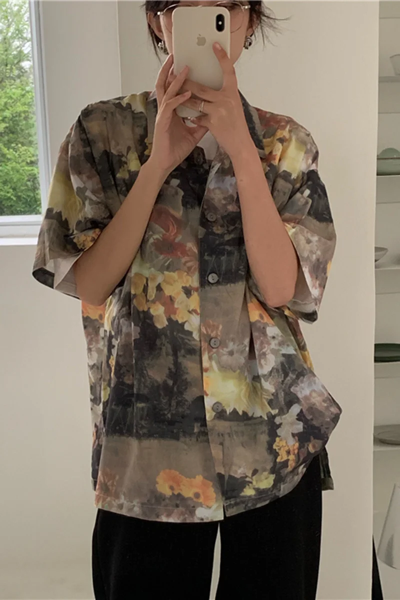 

Oil Painting Boyfriend Style Women Shirts Japanese Classic Vintage Short Sleeve Shirt In Summer