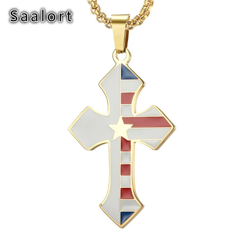 Подвеска Крест с американским флагом из нержавеющей стали цепочка со звездами и