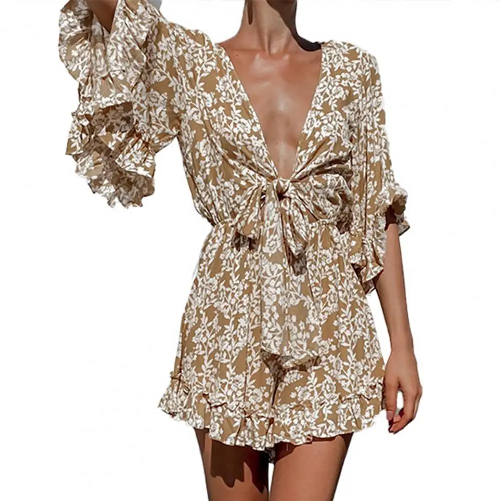 

Women Jumpsuit Boho elegant Vintage Floral Print Sexy Deep V-neck Loose Casual Ladies Floral Print Romper Summer 2021