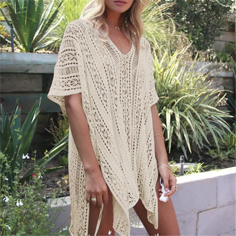 Beach Smock Sun Protection Clothing Sexy Hollow Out Crochet Robe for Women Swim Wear Irregular Hem Beachwear