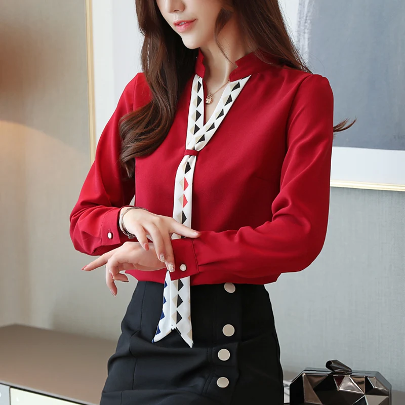 Dingaozlz blusa feminina Elegant Chiffon shirt Long sleeve Ladies blouse Red White Office lady shirt Patchwork Women Tops