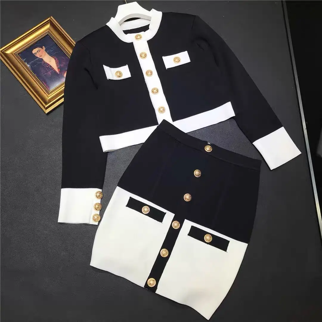 

HarleyFashion, Ранняя осень, Новое поступление, короткий свитер кардиган, контрастный цвет, мини юбка-футляр, Повседневный, Y2K, вязаный, два комплек...