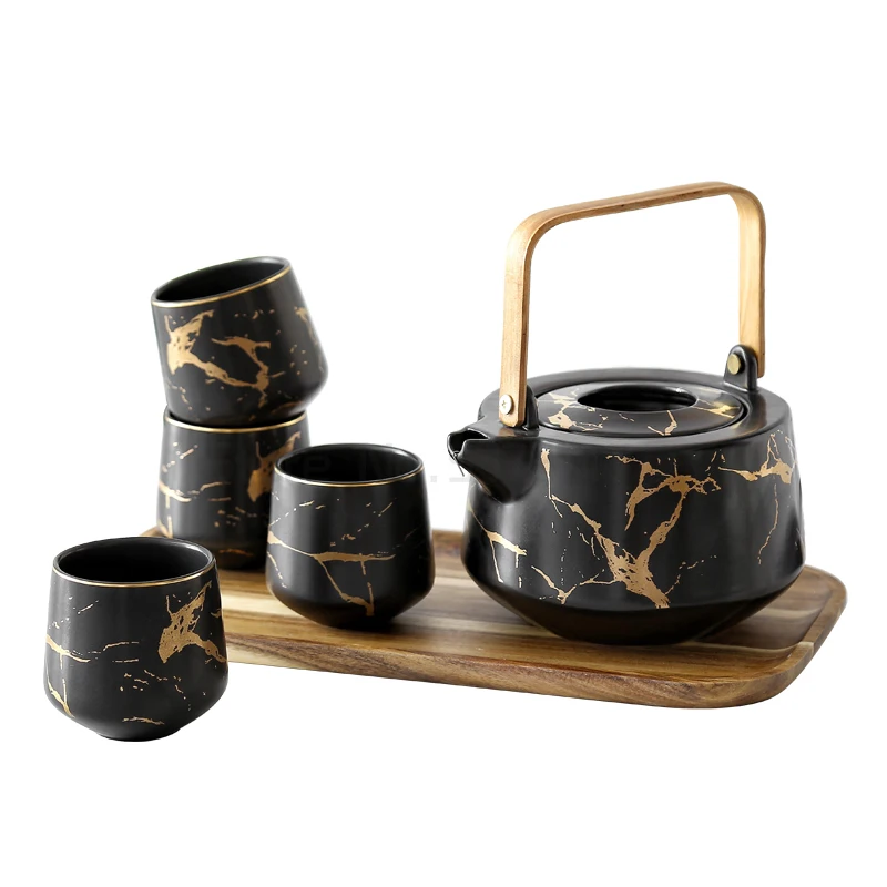 

Marbling Household Tea Set Japanese-Style Black and White Ceramic Afternoon Tea Cup with Acacia Mangium Base Support Teapot