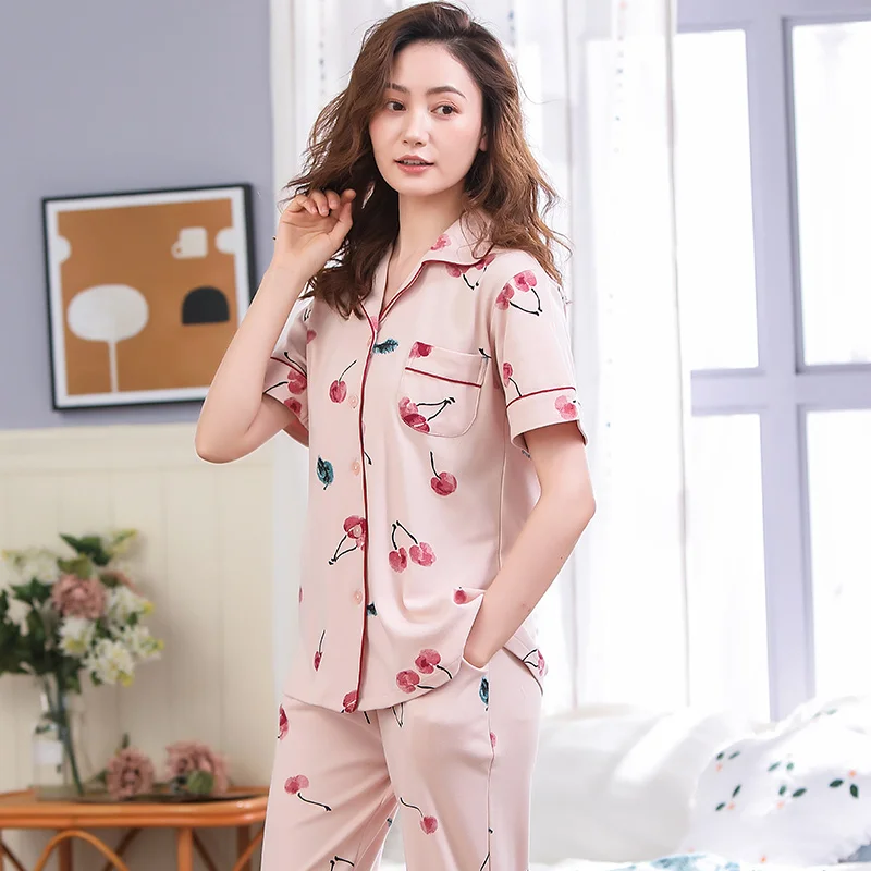 

Women's Short Sleeve Pajamas Summer Cotton Women Pajama Set Short Tops+Long Pants Two Pieces Suit Sleepwear Plus Size Pijamas