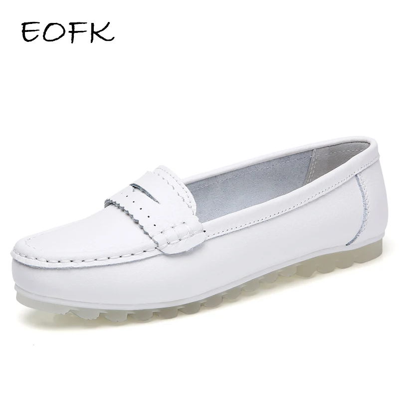 Женские мокасины на низком каблуке EOFK весенние белые туфли из спилка плоской