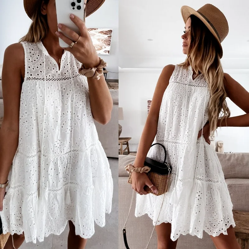 

Lugentolo Sexy Hollow Out Dress Women Summer Fashion Sleeveless V-Neck White Short Dresses for Women