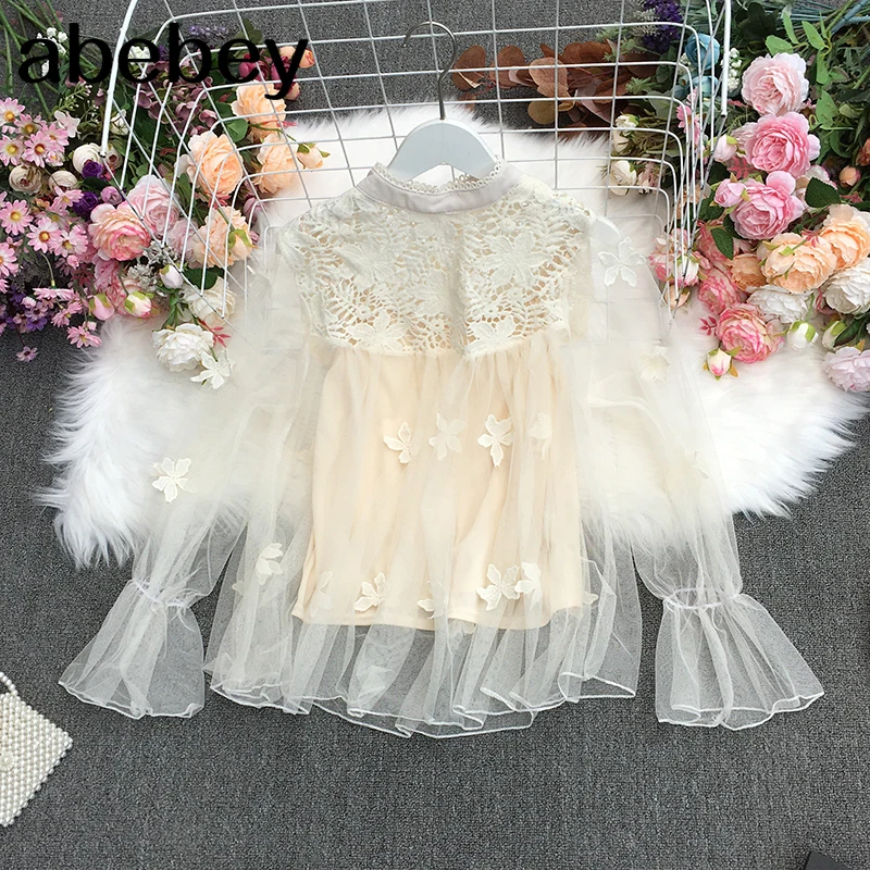 

Женская блузка с круглым вырезом, кружевная ажурная блузка с расклешенными рукавами и цветочным принтом, весна 2021