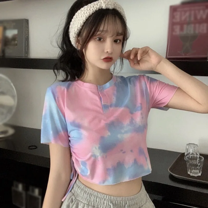 

T Shirt Women Short Sleeve Summer Tee Shirt Tie-dye Round Neck Tops Ladies Plus Size Female Crop Top Ladies Shirt