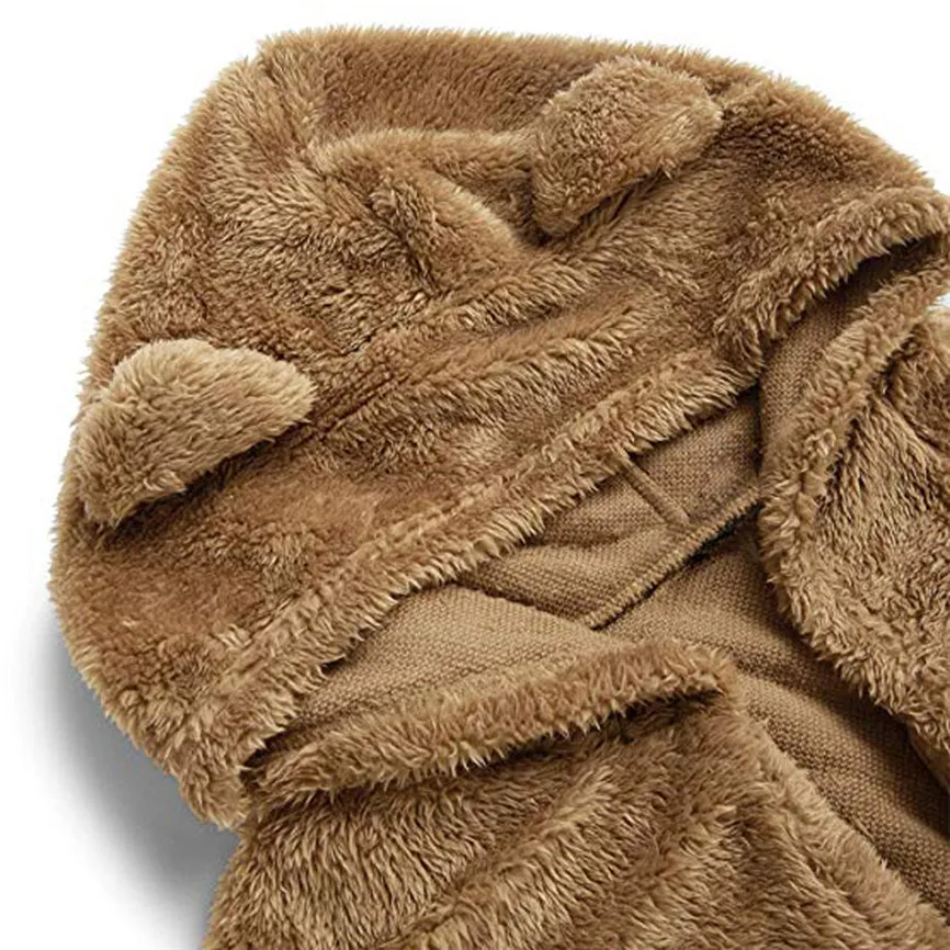 Женское плюшевое пальто с капюшоном длинным рукавом медвежьими ушками теплое