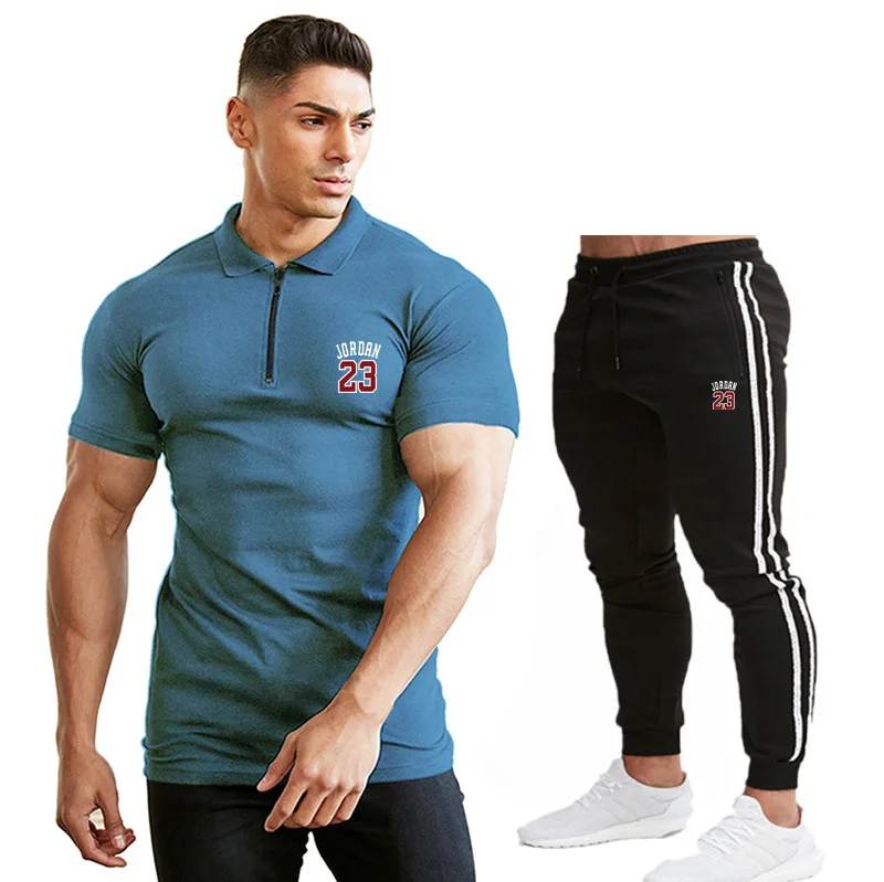 2020 men's summer suit, leisure sports suit, fashion trend Lapel zipper short sleeve pants two piece men's wear pants pants summer seven sleeved suit suit male korean version of the slim fashion hair stylist trend leisure suit two piece