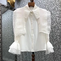 100cotton shirts 2022 spring summer blouses women turn down collar hollow out flower patterns flare sleeve casual white shirt