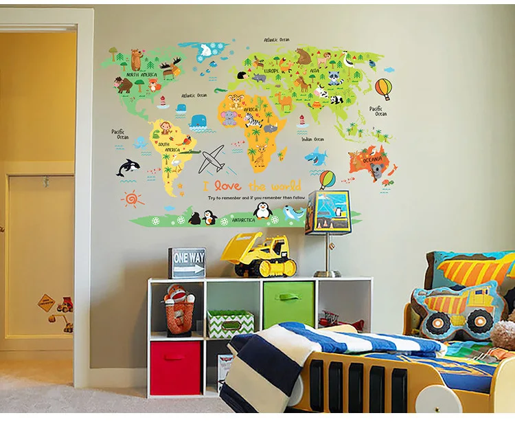 Мультяшные животные карта мира детская комната спальня Детский сад декоративные
