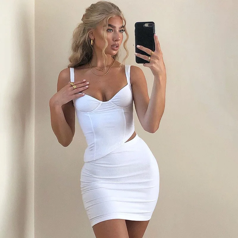 

Summer Women White Clothes Sets Two Pieces Sexy Irregular Sleeveless Vest with High Waist Mini Skirts Woman Fashion Outfits