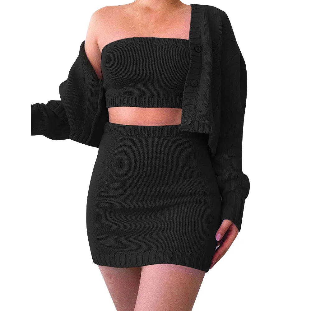 

2020 new European and American fashion sexy sweater cardigan short skirt three piece set