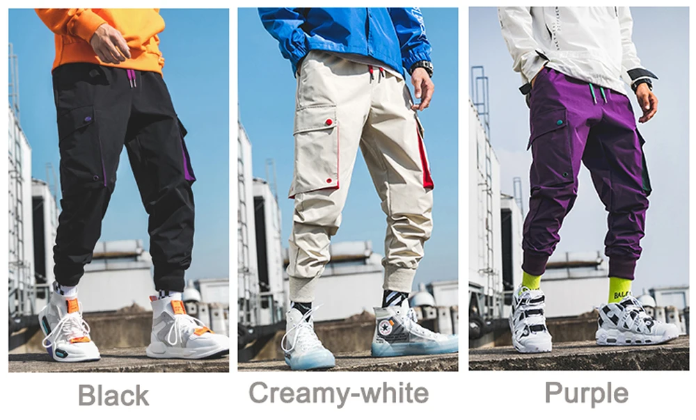 Casual Men Cargo Pants Cotton Polyester Drawstring Pockets Hip Hop Creamy-White Black Men Full Length Fashion Joggers Trouser