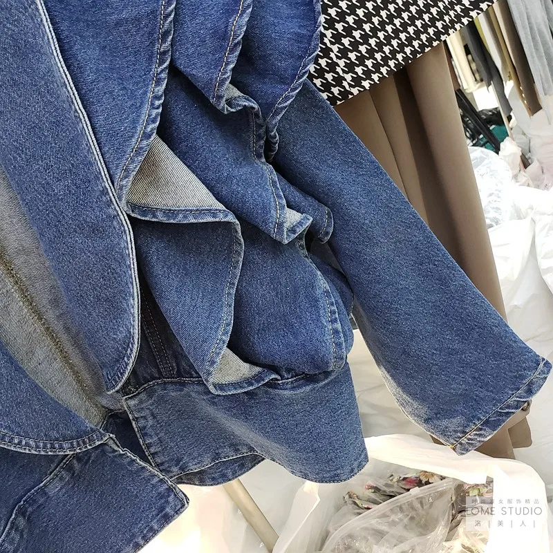

2021 Spring Women Denim Coats New Fashion Western Style High Waist Slim Ruffles Denim Short Jacket Female Fashion Jeans Coats