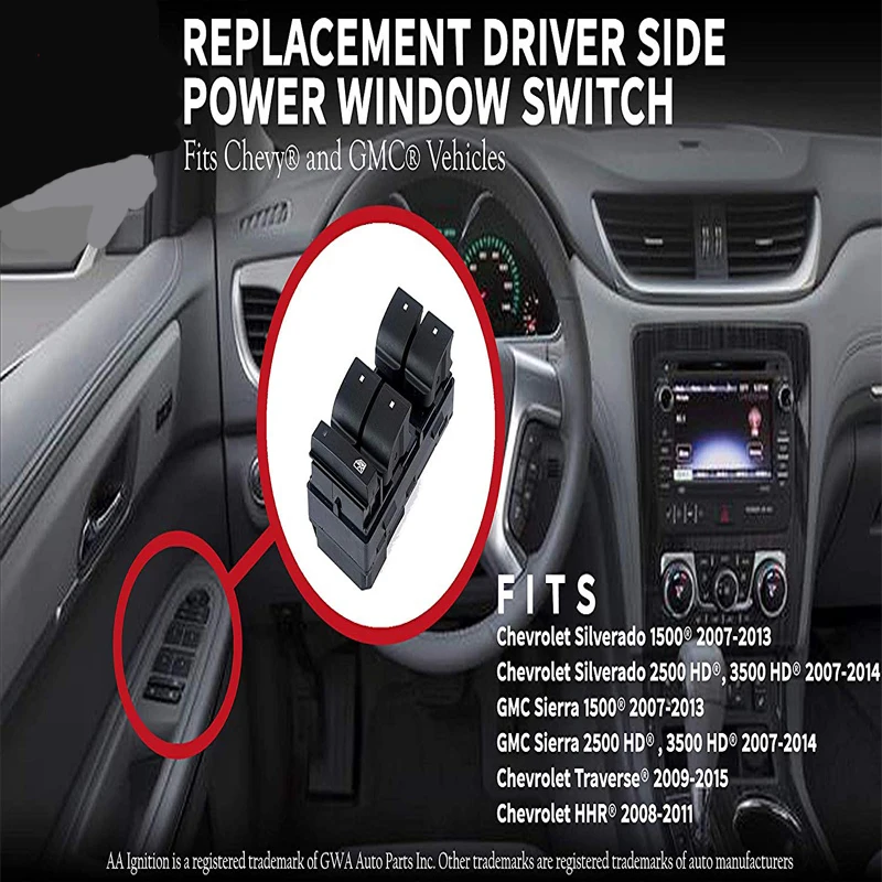 Со стороны водителя Переключатель Стеклоподъемника для Chevy Silverado 1500,2500, GMC Sierra 2007-2013 и Chevrolet Traverse, HHR 2009