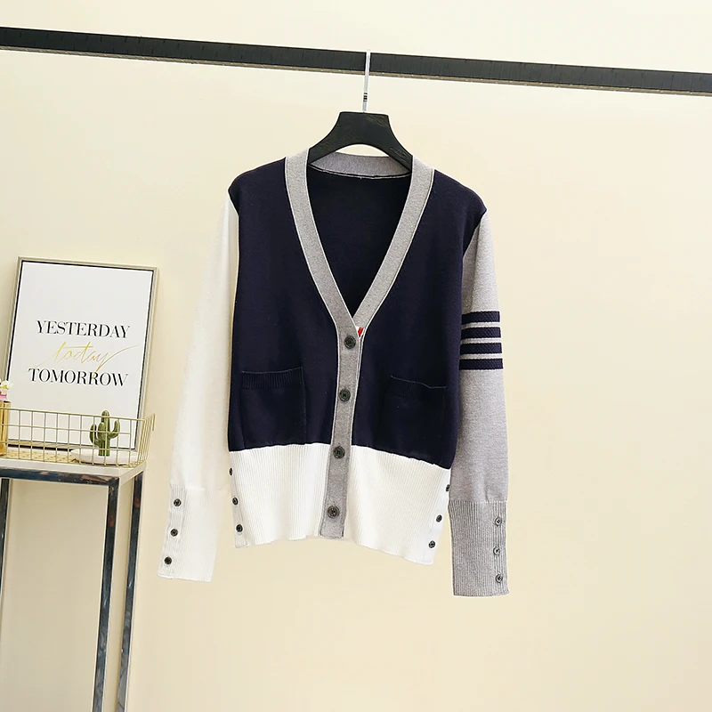 Кардиган женский трикотажный с бантом V-образным вырезом и длинными рукавами на