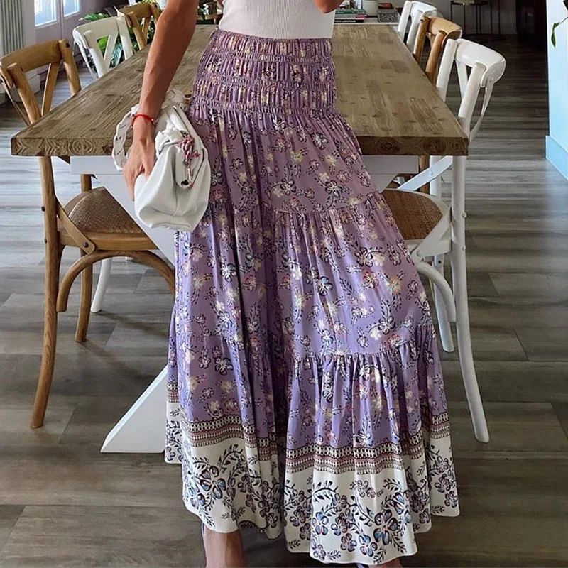 

2021 Floral Print Purple Popular Long Maxi Skirt VD1678 High Waist Full Casual Beach Boho Style Women Skirts