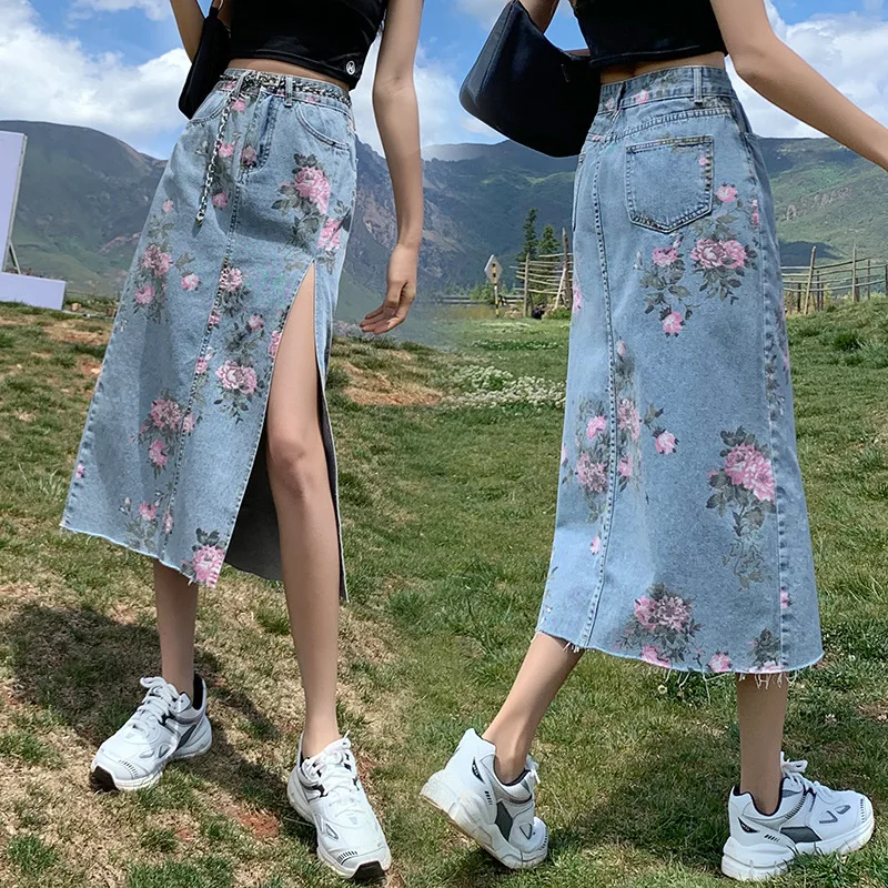 

Fashion High waist printing rose flower denim skirt female 2021 summer new mid-length loose bag hip Split fork A-line skirt girl