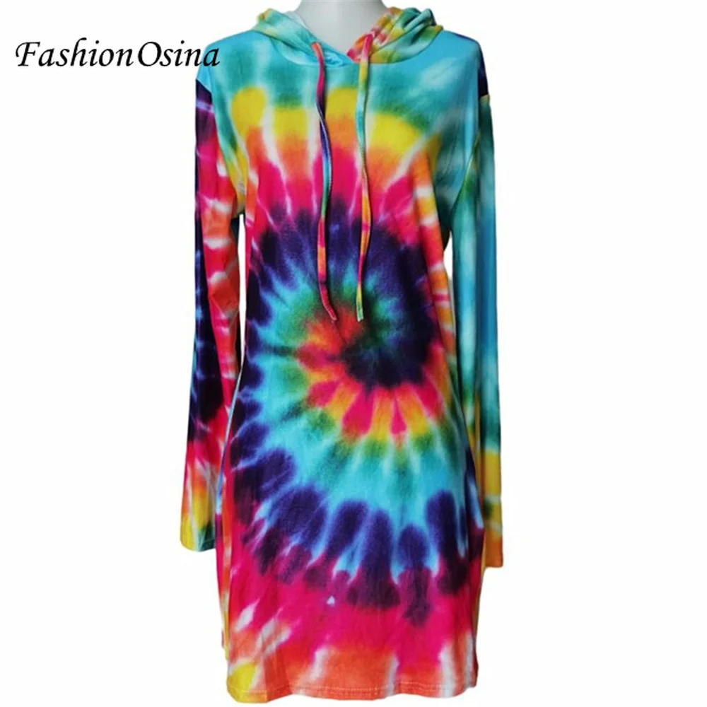 

Spring Autumn Tie Dye Print Hooded Long Sleeve Sweatshirt Dress Women Clothes Streetwear Hoodies Bodycon Mini Casual Dresses