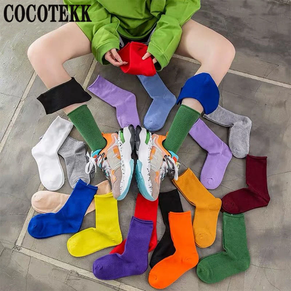 

Women's Socks Japanese Korea High School Girl Socks Cotton Loose Solid Colorful Double Needles Knitting Long Socks Drop shipping
