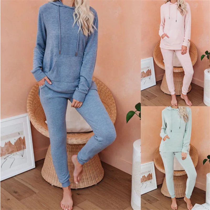 

Autumn Winter Tracksuit Women Two Piece Set Long Sleeve Solid Hooded Sweashirt Top + Pants Suits Lounge Wear Pajamas 2 Pcs Sets